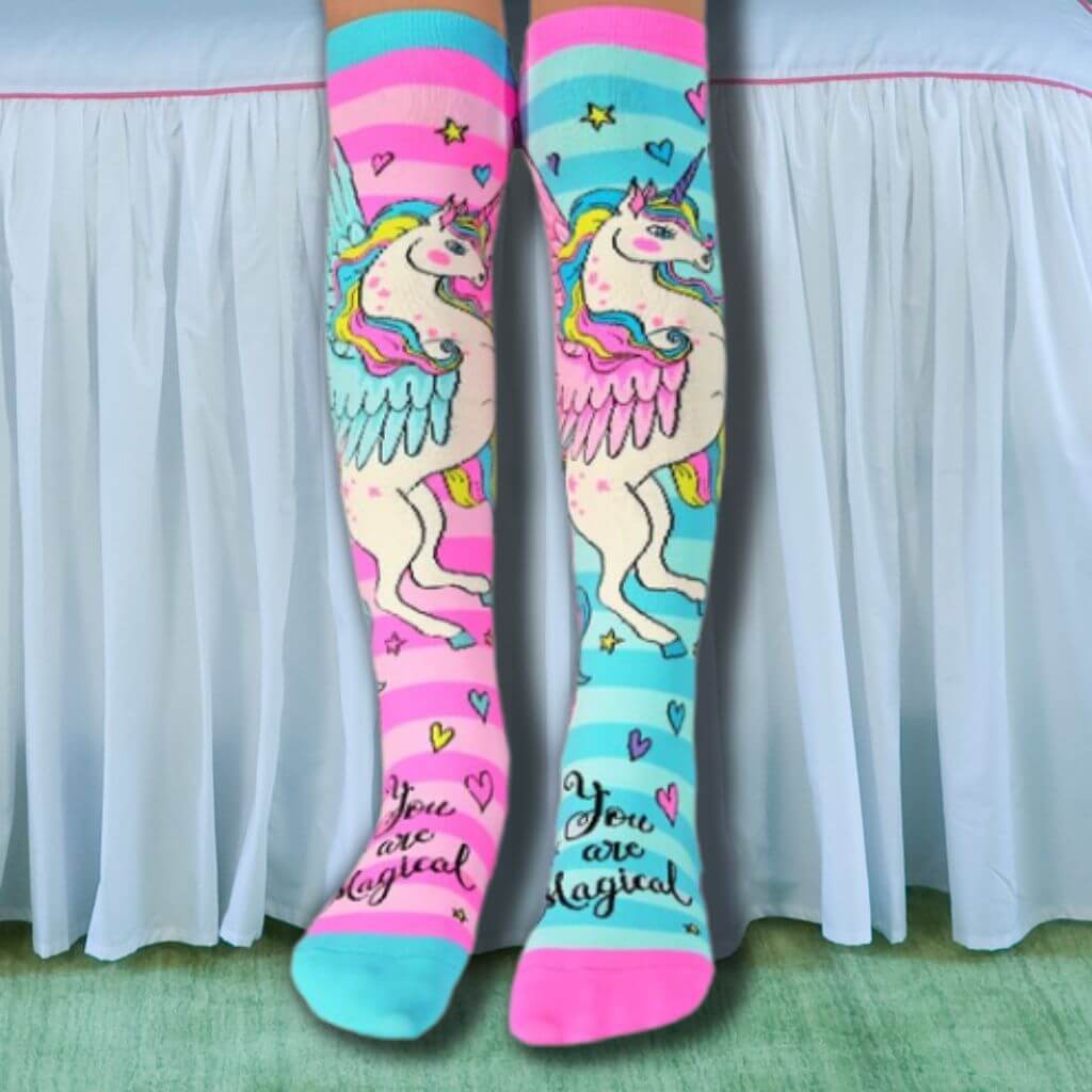 WPop Sparkly Unicorn Socks in front of bed - MADMIA